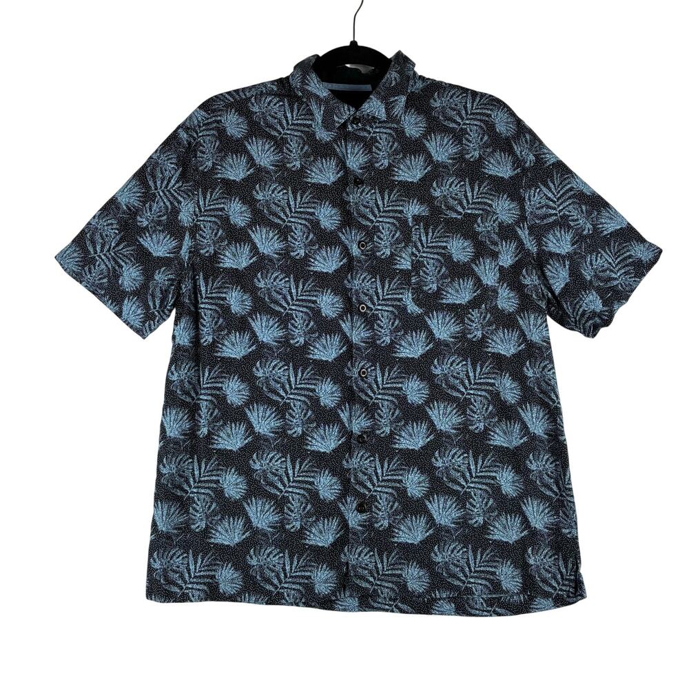 Nat Nat Short Sleeve Button Up Shirt Men’s Medium Silk Cotton Blue Palm Dot AOP